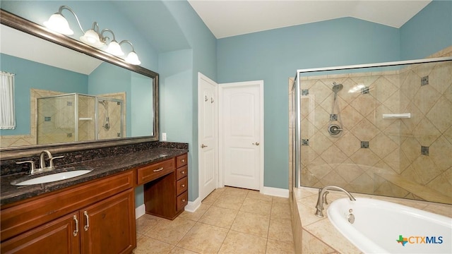 322 Wauford Way, New Braunfels, TX 78132 - full bath with a stall shower, a garden tub, vanity, tile patterned floors, and vaulted ceiling