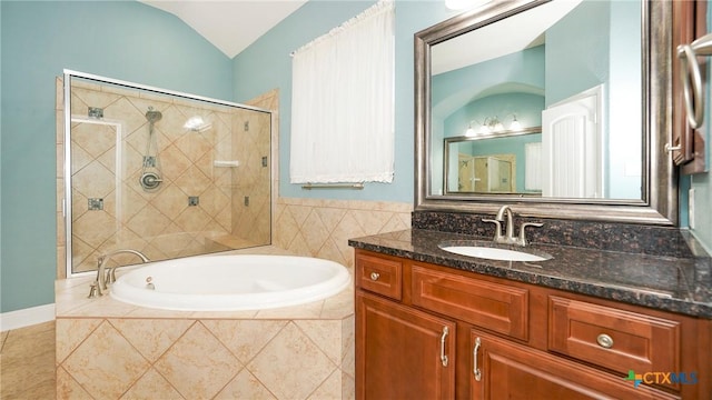 322 Wauford Way, New Braunfels, TX 78132 - full bathroom featuring a garden tub, vanity, a tile shower, tile patterned floors, and lofted ceiling