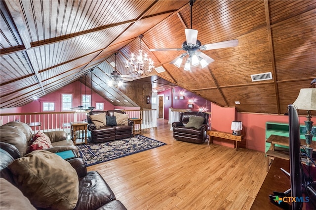 living area featuring vaulted ceiling, wood finished floors, visible vents, and wooden ceiling