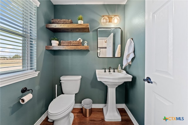 bathroom with toilet and hardwood / wood-style floors