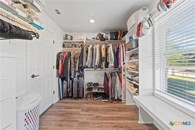 walk in closet with wood-type flooring