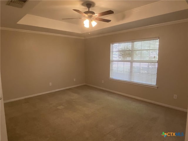 505 Sun Meadows Dr, Harker Heights, TX 76548 - empty room featuring a raised ceiling, carpet, ceiling fan, baseboards, and ornamental molding