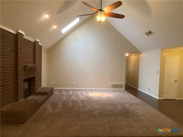 505 Sun Meadows Dr, Harker Heights, TX 76548 - unfurnished living room with a ceiling fan, a fireplace, high vaulted ceiling, baseboards, and carpet flooring