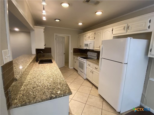 505 Sun Meadows Dr, Harker Heights, TX 76548 - kitchen with white appliances, a sink, white cabinetry, and ornamental molding