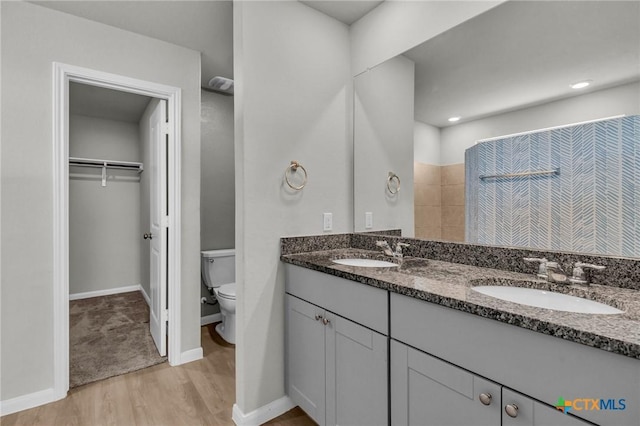 bathroom with vanity, wood-type flooring, and toilet