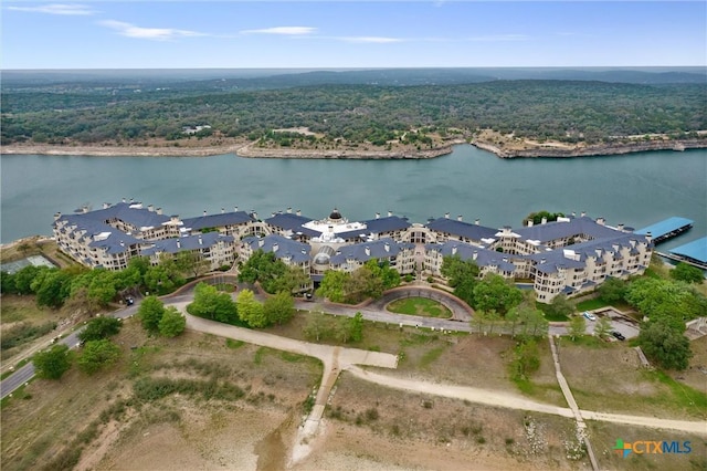 drone / aerial view with a forest view and a water view