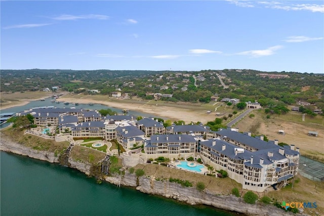 aerial view featuring a water view