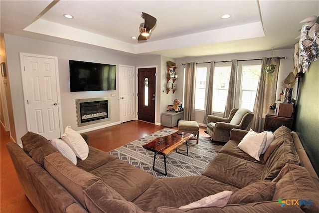 living room featuring a raised ceiling and wood-type flooring