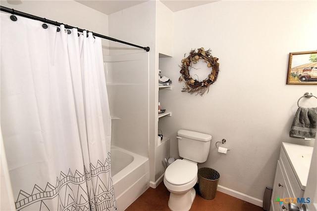 full bathroom featuring toilet, shower / tub combo, and vanity