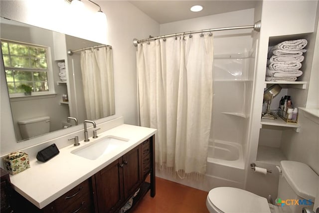 full bathroom with toilet, vanity, and shower / tub combo with curtain