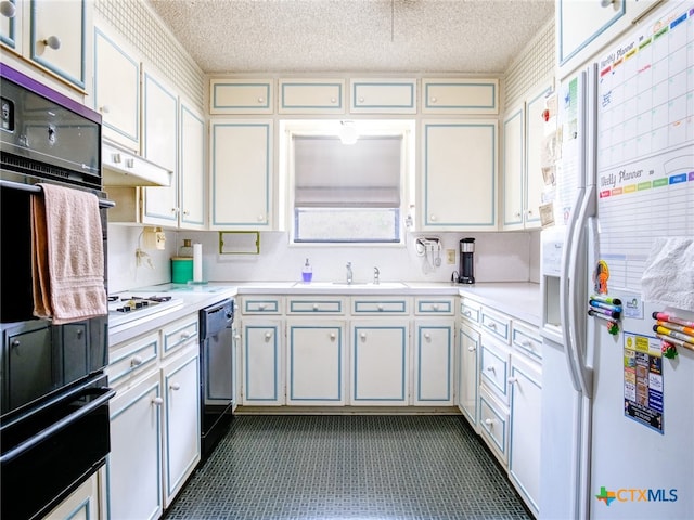 kitchen featuring white cabinetry, black dishwasher, a textured ceiling, and white refrigerator with ice dispenser