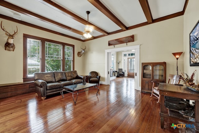 living room with beamed ceiling, wood-type flooring, ceiling fan, and ornamental molding