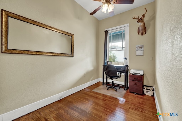 office area with wood-type flooring and ceiling fan