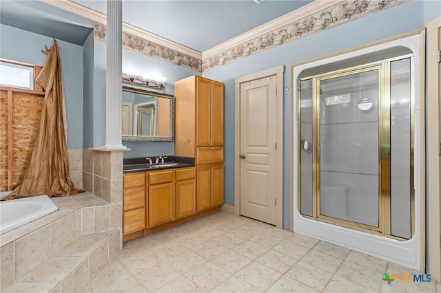 bathroom with vanity, plus walk in shower, and ornamental molding