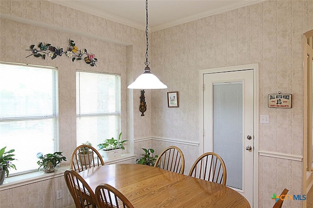 dining space featuring a wealth of natural light and crown molding