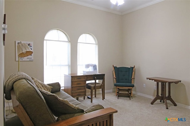 sitting room featuring light carpet, crown molding, and ceiling fan