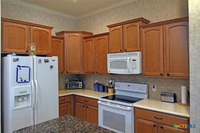 kitchen featuring white appliances, decorative backsplash, and ornamental molding