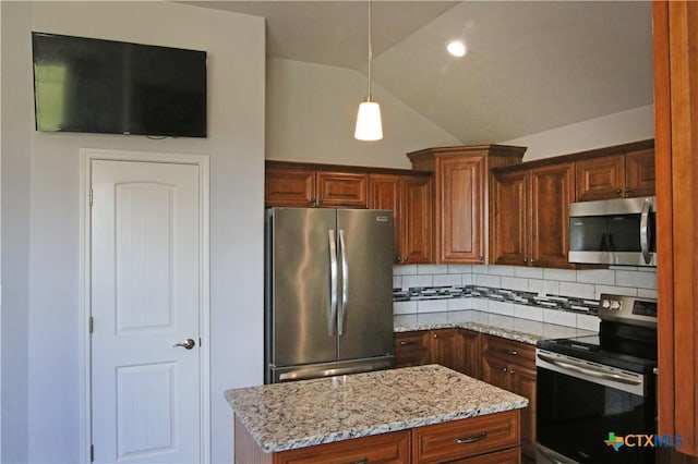 2734 Rock Rd, Troy, TX 76579 - kitchen with stainless steel appliances, lofted ceiling, backsplash, light stone counters, and hanging light fixtures