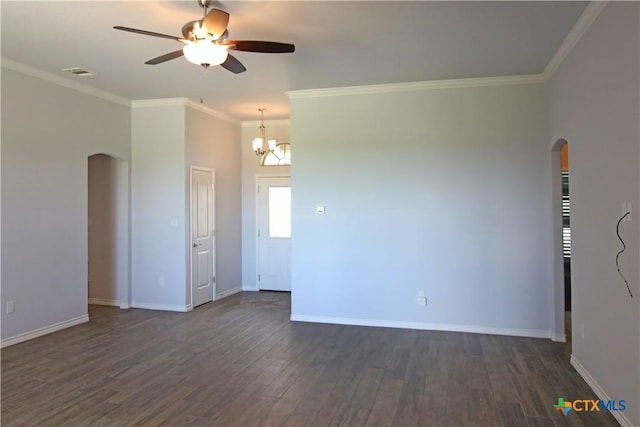 2734 Rock Rd, Troy, TX 76579 - spare room featuring arched walkways, ceiling fan, dark wood finished floors, crown molding, and a chandelier