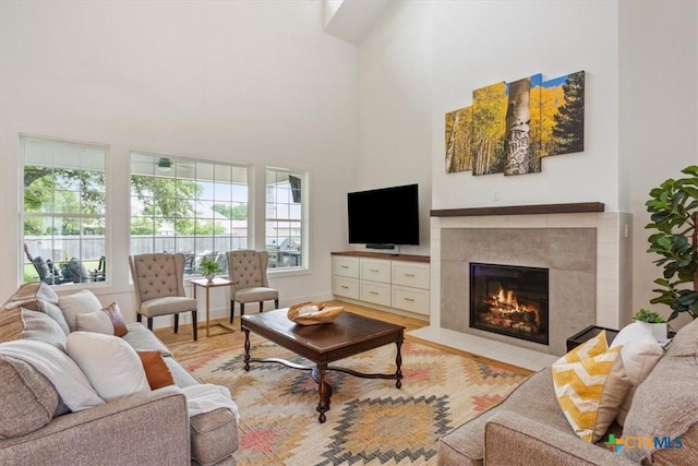 127 Cumberland Dr, Belton, TX 76513 - living area featuring a high ceiling, healthy amount of natural light, a glass covered fireplace, and light wood-style floors