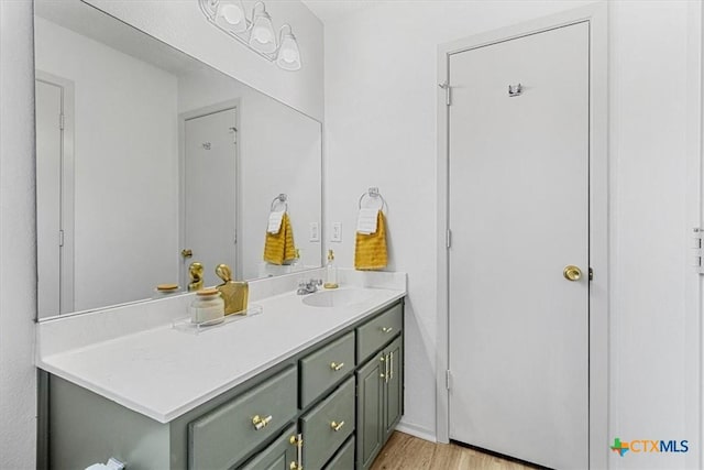 bathroom with hardwood / wood-style flooring and vanity