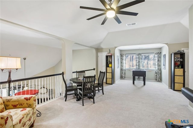 2604 Whitehurst Dr, Round Rock, TX 78681 - carpeted dining area featuring a ceiling fan and lofted ceiling