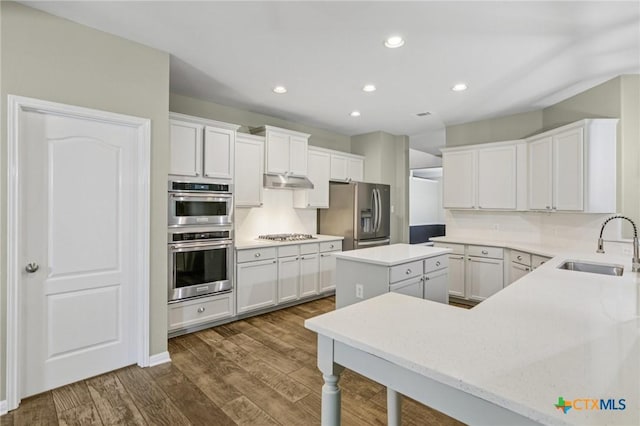 2604 Whitehurst Dr, Round Rock, TX 78681 - kitchen with stainless steel appliances, dark wood finished floors, white cabinets, recessed lighting, and under cabinet range hood
