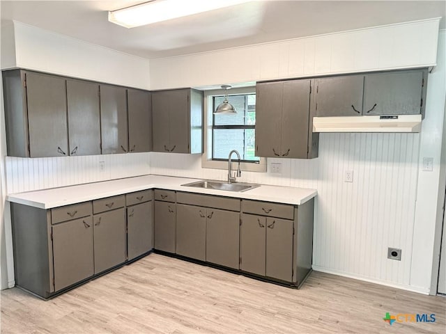 7260 Fm 531, Hallettsville, TX 77964 - kitchen with a sink, gray cabinets, under cabinet range hood, light wood-type flooring, and light countertops