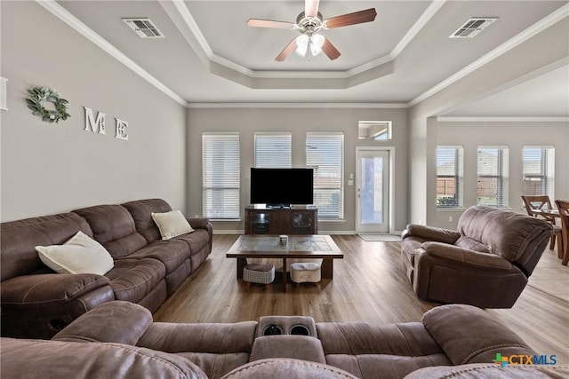 living room with a raised ceiling, visible vents, and plenty of natural light