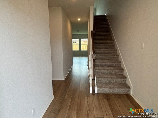 staircase with hardwood / wood-style floors