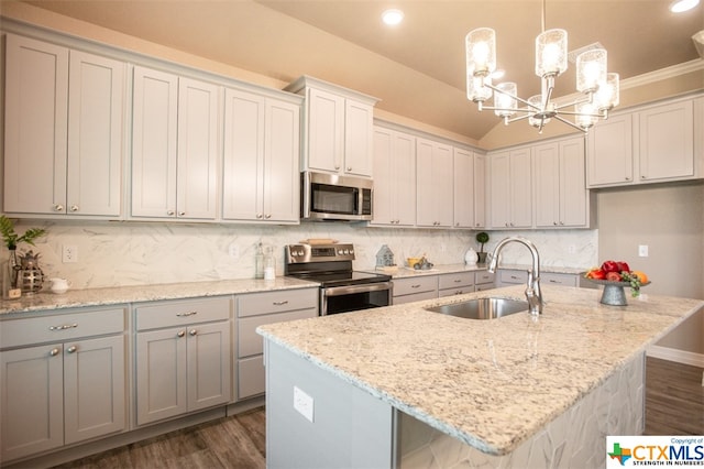 kitchen featuring stainless steel appliances, sink, backsplash, and an island with sink