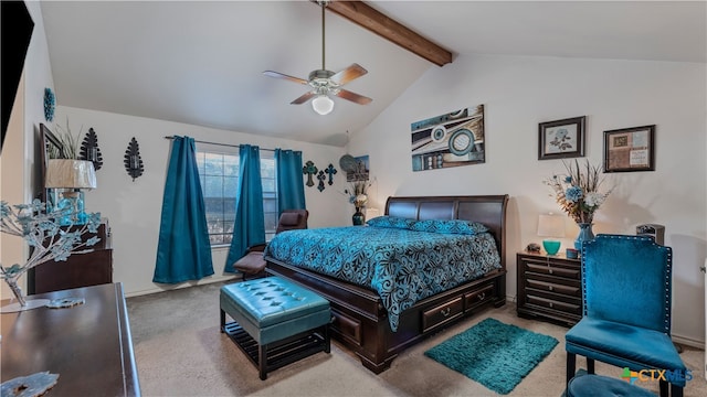 carpeted bedroom featuring lofted ceiling with beams and ceiling fan