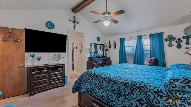 bedroom with lofted ceiling with beams, light carpet, and ceiling fan