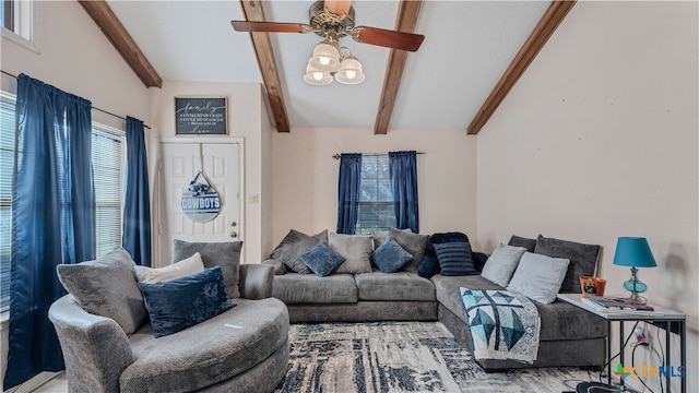 living room with lofted ceiling with beams and ceiling fan