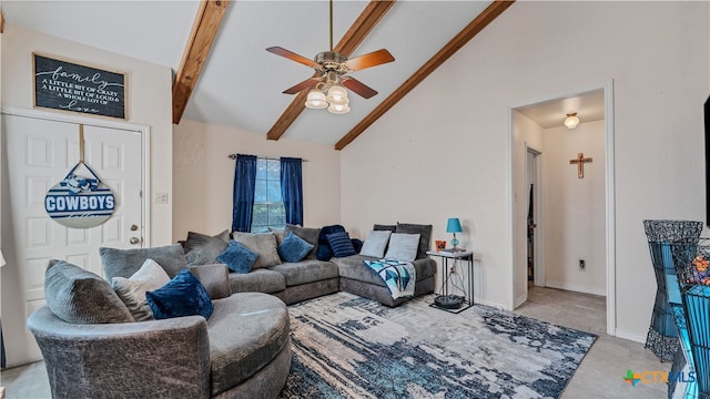 living room featuring high vaulted ceiling, beamed ceiling, and ceiling fan