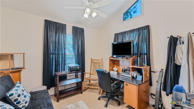 office area with ceiling fan, light carpet, and lofted ceiling