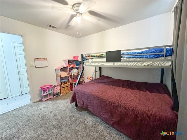 bedroom featuring carpet flooring and ceiling fan