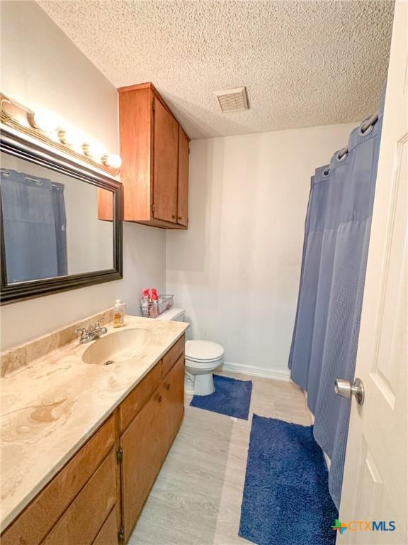 bathroom featuring vanity, toilet, wood-type flooring, and a textured ceiling