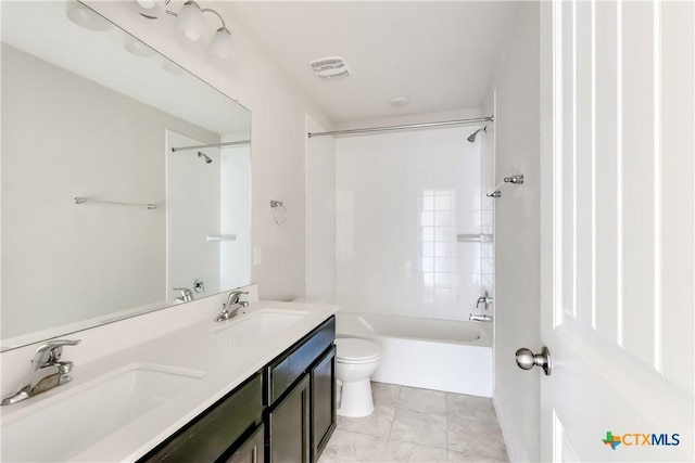 full bath featuring toilet, double vanity, and shower / tub combination