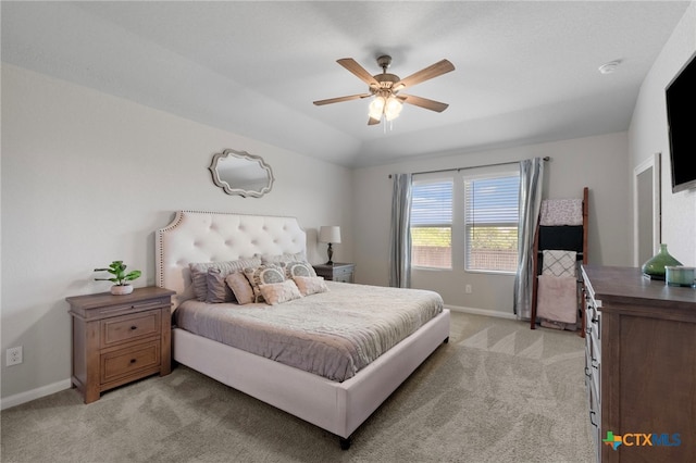 6038 Ballast Trl, New Braunfels, TX 78132 - bedroom with light carpet, baseboards, and ceiling fan