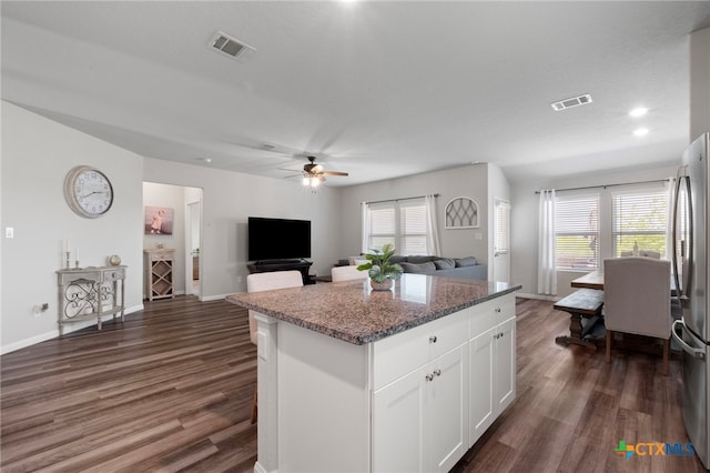6038 Ballast Trl, New Braunfels, TX 78132 - kitchen with a kitchen island, dark wood-style floors, stone counters, freestanding refrigerator, and healthy amount of natural light