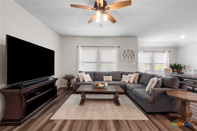 6038 Ballast Trl, New Braunfels, TX 78132 - living room with dark wood finished floors and a ceiling fan
