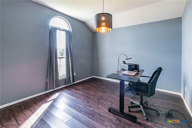 office featuring lofted ceiling and dark wood-type flooring