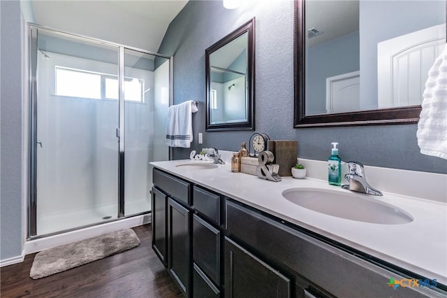 bathroom with hardwood / wood-style flooring, vanity, and walk in shower