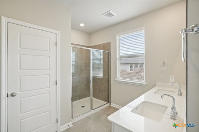 bathroom featuring tile patterned flooring, vanity, and an enclosed shower