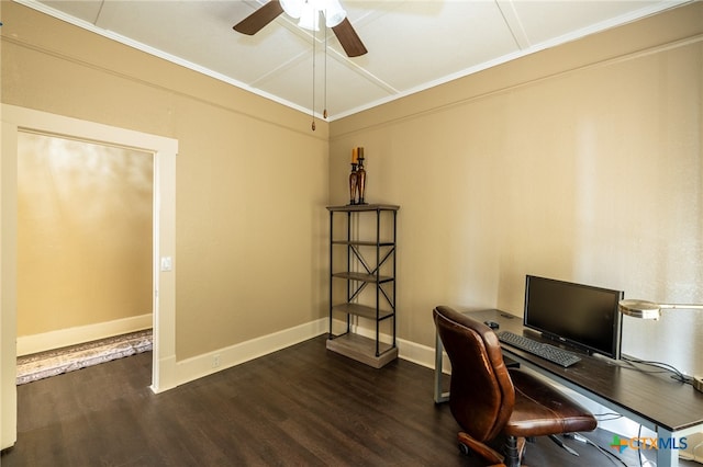 unfurnished office featuring crown molding, ceiling fan, and dark wood-type flooring