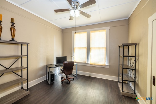 office with dark hardwood / wood-style flooring, ceiling fan, and ornamental molding