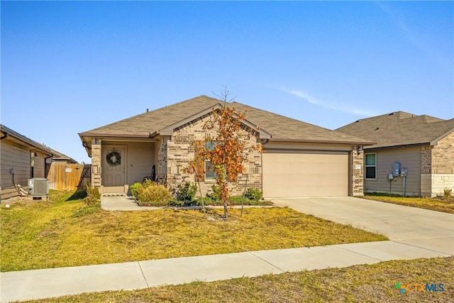 ranch-style house with central AC unit, a front lawn, and a garage