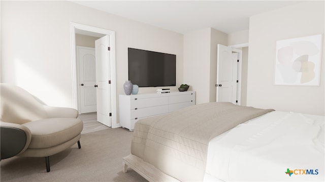 bedroom featuring light colored carpet