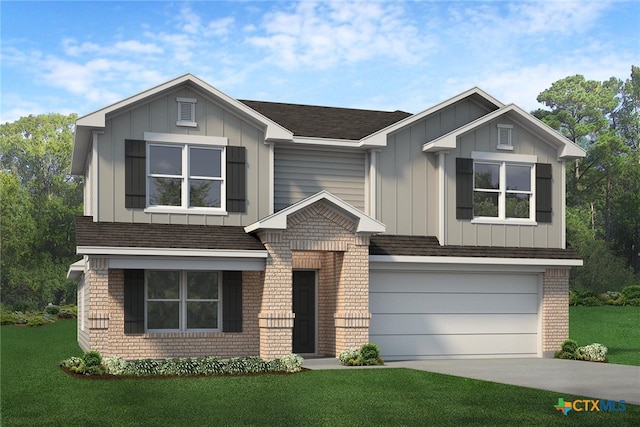 craftsman inspired home featuring board and batten siding, driveway, brick siding, and a garage